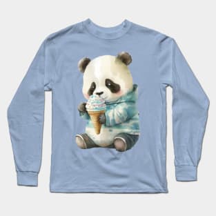 Panda Eating Ice Cream watercolor cute Long Sleeve T-Shirt